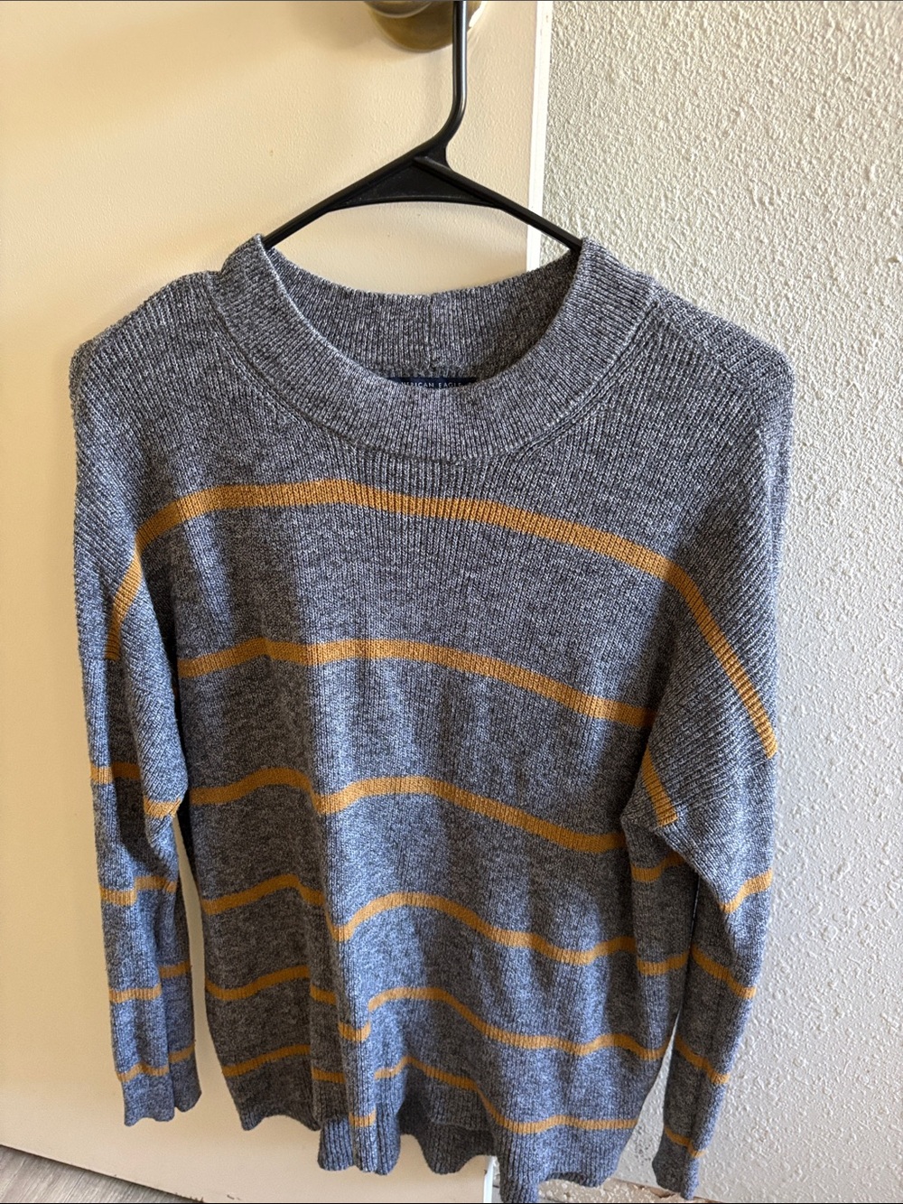 Women’s Gray and Mustard Stripe Crewneck Sweater